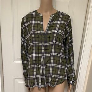 Gold Hawk Silk Plaid Long Sleeve Shirt Olive White Black Oversized Size Medium